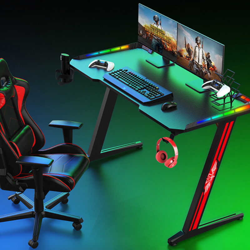 Chargez l&#39;image dans la visionneuse de la galerie, Large Gaming Desk with RBG LED Lights Carbon Fiber Surface with Cup Holder &amp; Headphone Hook - Polar Tech Australia
