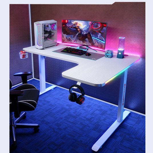 Large Right Corner Gaming Desk with RBG LED Lights Carbon Fiber Surface with Cup Holder & Headphone Hook - Polar Tech Australia