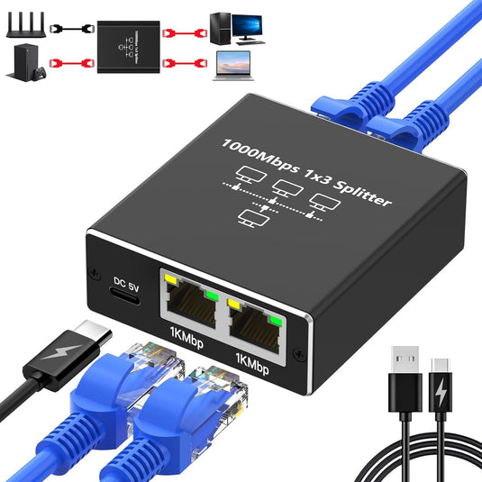 4 Ports Ethernet RJ45 Splitter 1 In / 3 Out 1000Mbps High Speed With USB-C Port