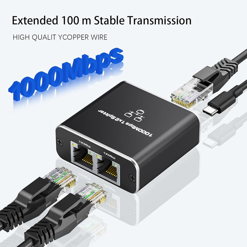 Load image into Gallery viewer, 3 Ports Ethernet RJ45 Splitter 1 In / 2 Out, 1000Mbps High Speed With USB-C Port
