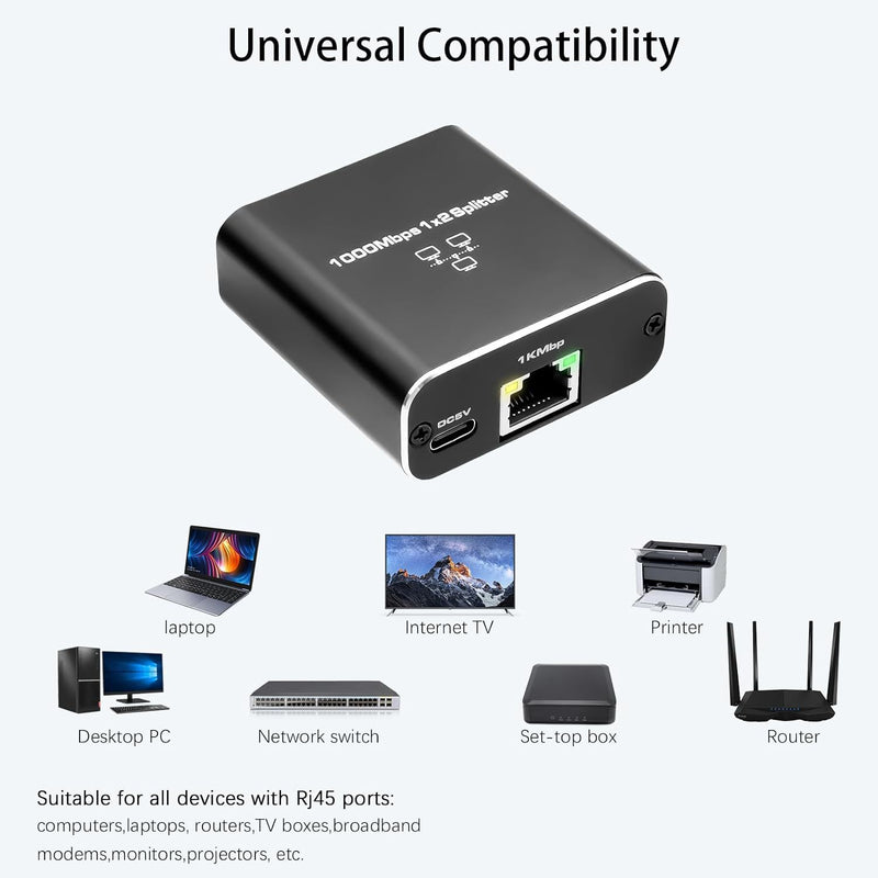 Load image into Gallery viewer, 3 Ports Ethernet RJ45 Splitter 1 In / 2 Out, 1000Mbps High Speed With USB-C Port
