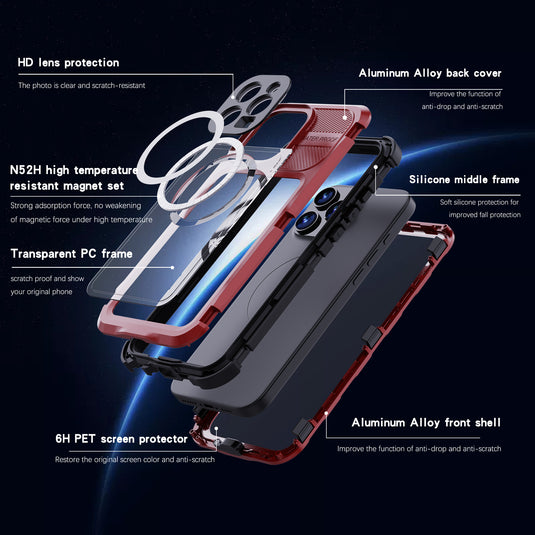 [IP68/10FT Waterproof][Magsafe Compatible] Apple iPhone 16 / 16 Plus / 16 Pro / 16 Pro Max - Redpepper M Series Metal Heavy Duty Waterproof Magnetic Silicone Phone Case With Lanyard