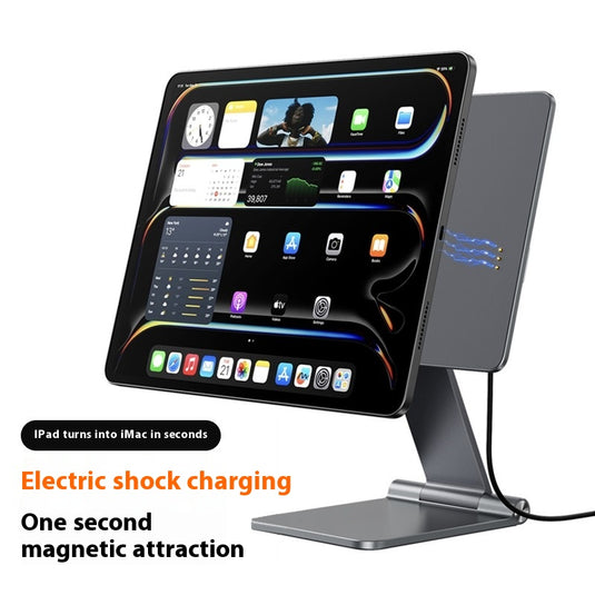 Magnetic wireless charging iPad stand with 18W contacts for charging magnetic tablets