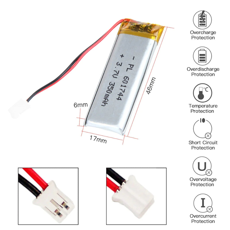 Cargue la imagen en el visor de la galería, [PH2.0-JST Connector][601744] Universal 350mAh 3.7V Rechargeable Li-Ion Lithium Polymer Battery - Polar Tech Australia
