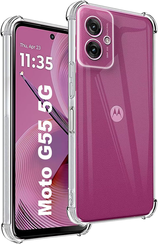 Motorola Moto G55 5G - AirPillow Cushion Transparent Soft Clear TPU Four Corners Protective Case With 2PC 9HD Tempered Glass Sreen Protector