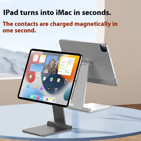 Magnetic wireless charging iPad stand with 18W contacts for charging magnetic tablets