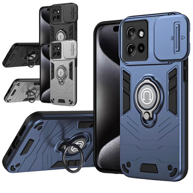 [Built-in Ring Bracket][With Slide Lens Cover] Motorola Moto G55 Mecha-style Anti-slip Protective Hard Heavy Duty Series Case