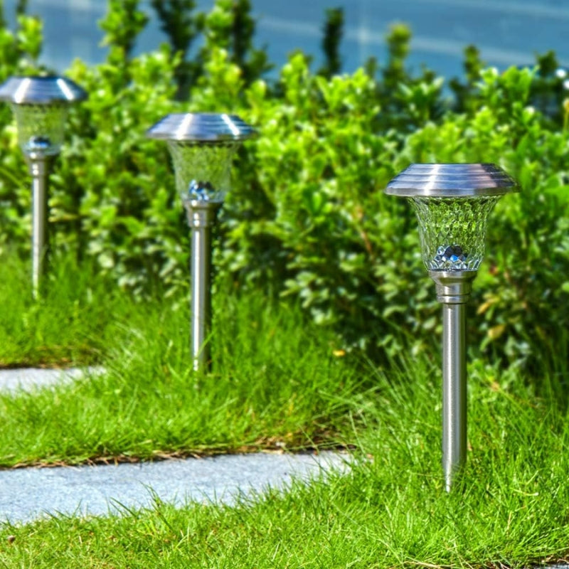 Cargue la imagen en el visor de la galería, 4 Pack Solar Pathway Lights Warm yellow + Bright White Outdoor Garden Stake Glass LED Stainless Steel Waterproof Landscape Path Lighting for Yard Walkway Driveway Outside Silver
