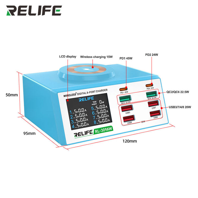 Cargue la imagen en el visor de la galería, [RL-309AW] RELIFE Wireless Digital Display 8-Port Charger 100W - Polar Tech Australia
