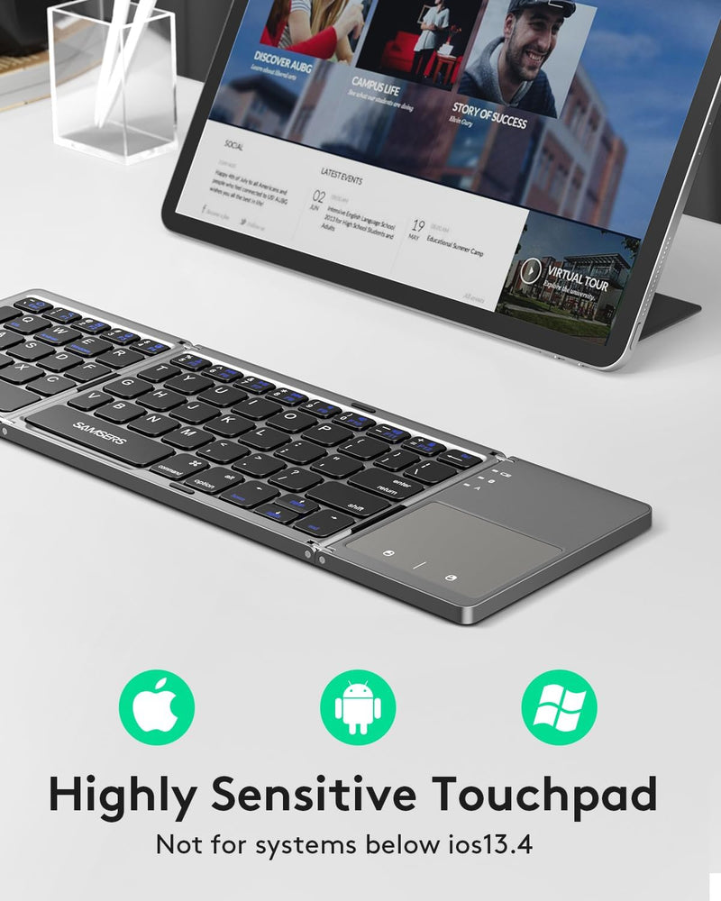 Cargue la imagen en el visor de la galería, Foldable Bluetooth Keyboard with Touchpad Portable Wireless Keyboard , Rechargeable Full Size Ultra Slim Pocket Folding Keyboard for Android Windows iOS Tablet And Mobile Phone
