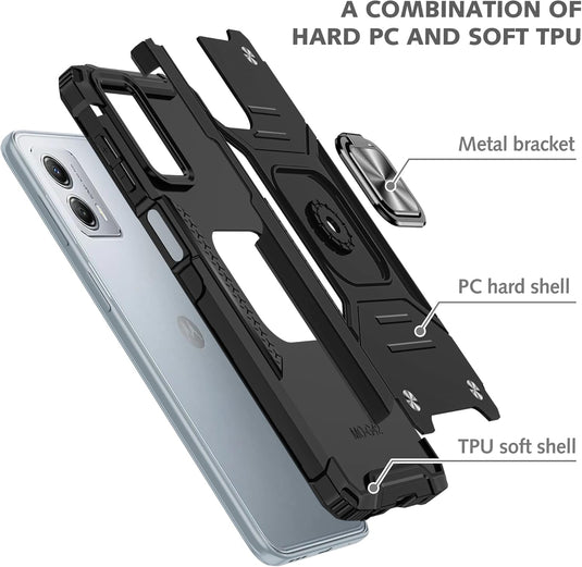 [Magnetic Rotable Kickstand] Motorola Moto G53 - Shield Shockproof Rugged Heavy Duty Case With 2PC Tempered Glass Screen Protector