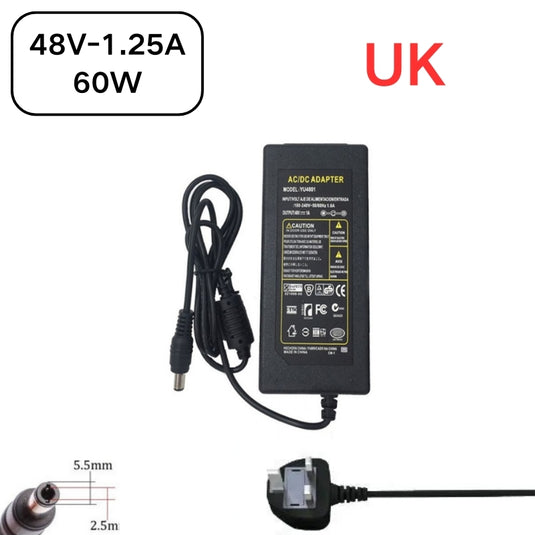 [48V-1.25A][5.5x2.5] Universal Computer/Monitor/CCTV POE Switch - Power Supply Adapter Wall Charger