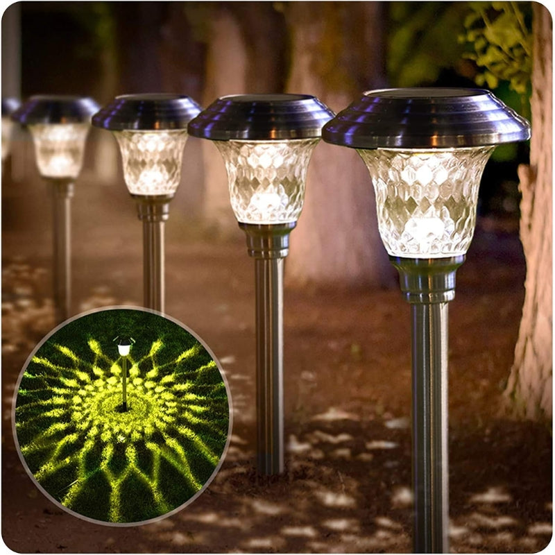 Cargue la imagen en el visor de la galería, 4 Pack Solar Pathway Lights Warm yellow + Bright White Outdoor Garden Stake Glass LED Stainless Steel Waterproof Landscape Path Lighting for Yard Walkway Driveway Outside Silver
