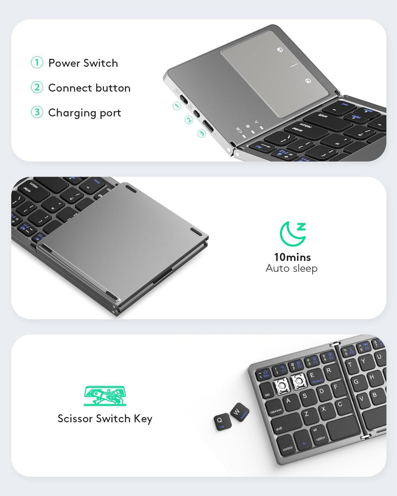 Cargue la imagen en el visor de la galería, Foldable Bluetooth Keyboard with Touchpad Portable Wireless Keyboard , Rechargeable Full Size Ultra Slim Pocket Folding Keyboard for Android Windows iOS Tablet And Mobile Phone
