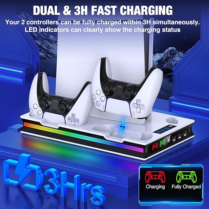 Chargez l&#39;image dans la visionneuse de la galerie, SONY PlayStation PS5 Slim &amp; PS5 Pro - All-in-one Multifunction Charging Stand with Cooling Fan &amp; RBG Light Effect
