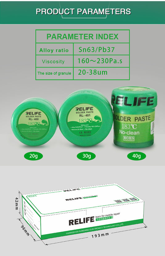 [RL-400, 401, 402] RELIFE 183℃ Solder Paste - Polar Tech Australia