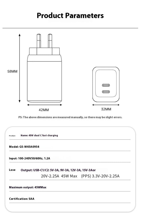 65W Max PD Dual USB-C Port iPhone 16 Wall Travelling Charger Adapter - (SAA Approved/AU Plug)