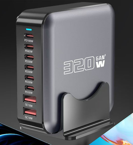 [320W GaN][SAA Approved] Universal Phone Tablet Laptop MacBook (6*PD+2*QC) 8 Ports USB Type-C Wall Charger Desktop Home Office Charging Station Power Adapter (AU Plug)