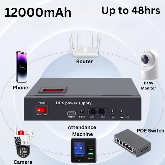 [12000mAh] Universal Mini UPS Battery Backup For WIFI Router, Modem, POE Switch, Security Camera CCTV & Alarm & Attendance Machine LED Light - Polar Tech Australia