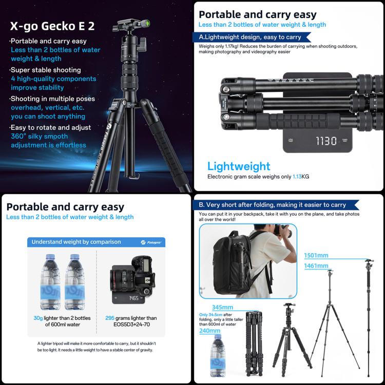 Load image into Gallery viewer, Fotopro X-go Gecko E 2 5-Section Aluminum 2 in 1 Tripod Monopod
