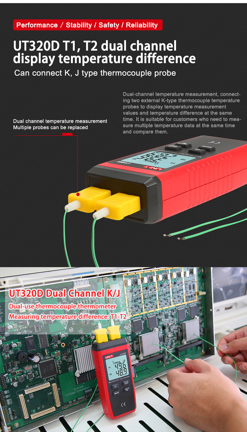 Load image into Gallery viewer, [UT320D] UNI-T Digital Thermometer Mini Dual Contact Thermocouple Type K J High Temperature Meter Tester -50℃ to 1300℃
