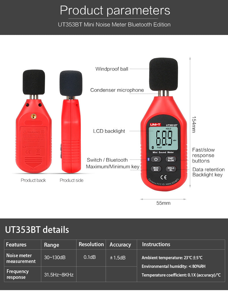 Load image into Gallery viewer, [UT353BT] UNI-T Noise Measuring Instrument db Meter 30~130dB Mini Audio Sound Level Meter Decibel Monitor
