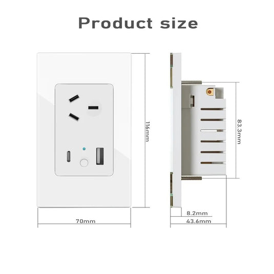 [TUYA Smart Home] TUYA WiFi Smart 10A Wall Power Socket Outlet Glass Panel 1 Plug With 1 x USB & 1 x PD 30W Port - Polar Tech Australia