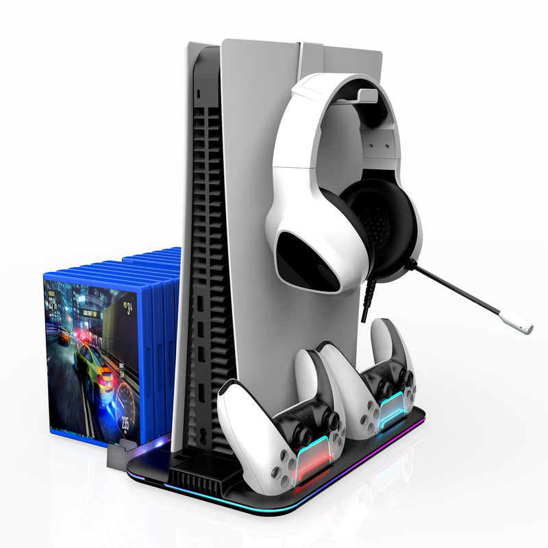 Chargez l&#39;image dans la visionneuse de la galerie, SONY PlayStation PS5 Slim &amp; PS5 Pro - All-in-one Multifunction Charging Stand with Cooling Fan &amp; RBG Light Effect &amp; Disc Storage
