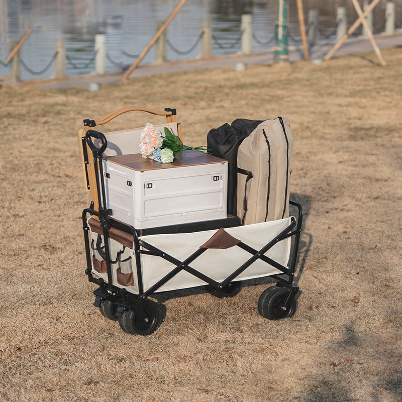 Cargue la imagen en el visor de la galería, [JY-01] Rugged Beach Cart Collapsible Folding Utility Wagon with Tabletop Heavy Duty Utility Beach Wagon Cart with Side Pocket and Brakes, Large Capacity Foldable Grocery Wagon for Garden Sports Outdoor
