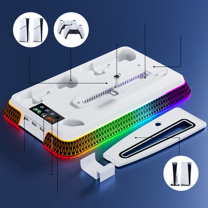 Chargez l&#39;image dans la visionneuse de la galerie, SONY PlayStation PS5 Slim &amp; PS5 Pro - All-in-one Multifunction Charging Stand with Cooling Fan &amp; RBG Light Effect
