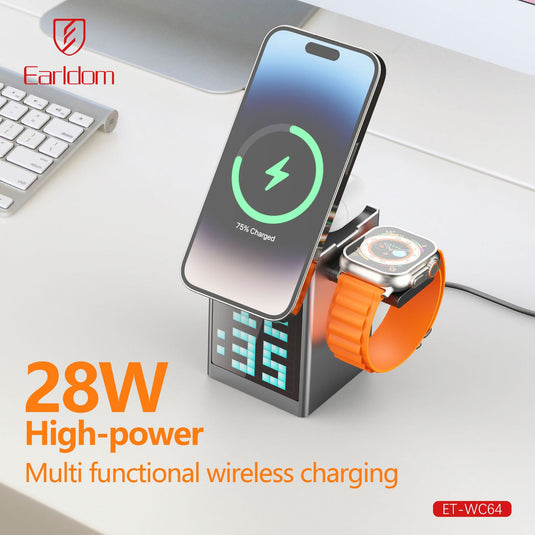 [WC14][Built-In LCD] 5 in 1 Earldom Aluminum Stand Alarm Clock QI 15W MagSafe Wireless Charging Magnet Stand