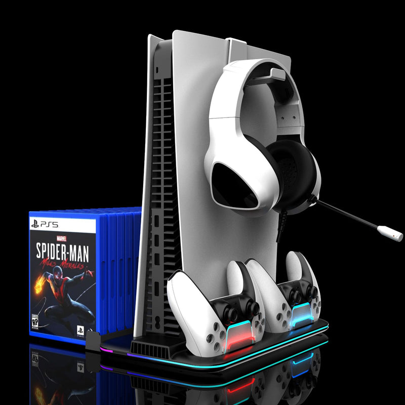 Chargez l&#39;image dans la visionneuse de la galerie, SONY PlayStation PS5 Slim &amp; PS5 Pro - All-in-one Multifunction Charging Stand with Cooling Fan &amp; RBG Light Effect &amp; Disc Storage
