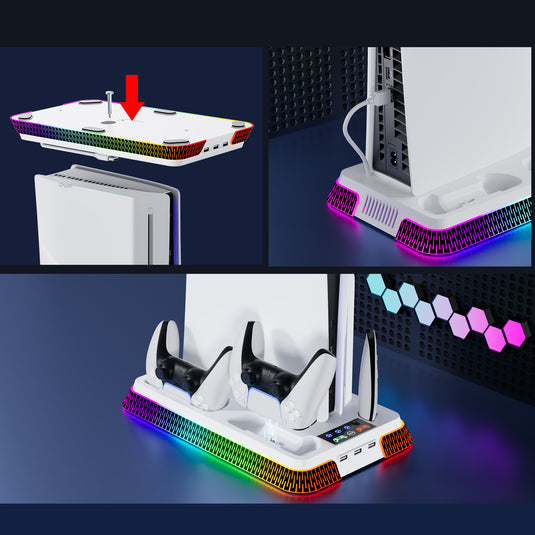 SONY PlayStation PS5 Slim & PS5 Pro - All-in-one Multifunction Charging Stand with Cooling Fan & RBG Light Effect