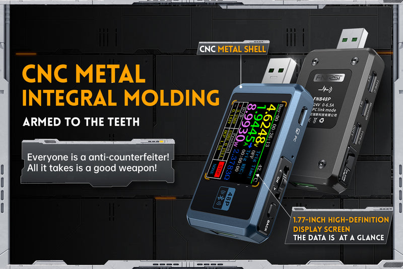 Chargez l&#39;image dans la visionneuse de la galerie, [FNB48P] FNIRSI USB Tester with Bluetooth Voltmeter Ammeter TYPE-C Fast Charge Detection Trigger Capacity Ripple Measurement with CNC Metal Shell
