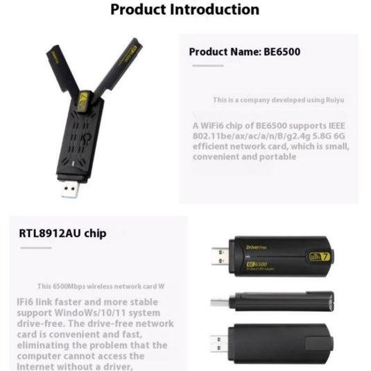 [BE6500] Tri-Band WiFi 7 Wireless Network Card 6500M USB 3.0 Adapter for PC