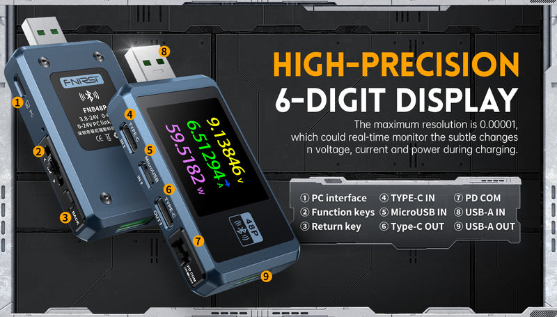 Chargez l&#39;image dans la visionneuse de la galerie, [FNB48P] FNIRSI USB Tester with Bluetooth Voltmeter Ammeter TYPE-C Fast Charge Detection Trigger Capacity Ripple Measurement with CNC Metal Shell
