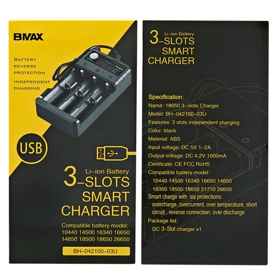 BMAX 18650 3-Slot USB Charging Seat 3.7/4.2V Independent Lithium Battery Charger