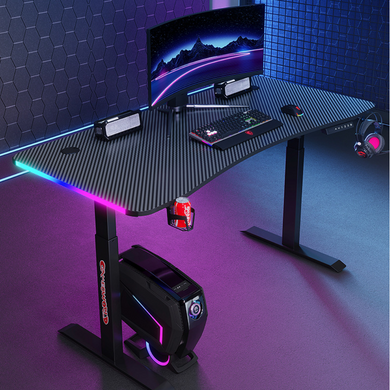 [Motorized Adjustable] Large Gaming Desk Table with RBG LED Lights Carbon Fiber Surface with Cup Holder & Headphone Hook - Polar Tech Australia