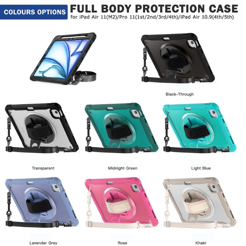 Chargez l&#39;image dans la visionneuse de la galerie, Apple iPad Air 2024 6/6th 11&#39;&#39; &amp; Pro 1/2/3/4 11&#39;&#39; &amp; iPad 4/5 Air 10.9&#39;&#39; - 360 Degree Rotate Shockproof Heavy Duty Tough Stand Case Cover With Strap &amp; Pen Holder - Polar Tech Australia
