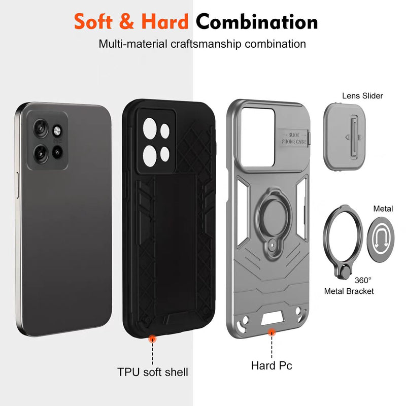 Load image into Gallery viewer, [Built-in Ring Bracket][With Slide Lens Cover] Motorola Moto G35 Mecha-style Anti-slip Protective Hard Heavy Duty Series Case
