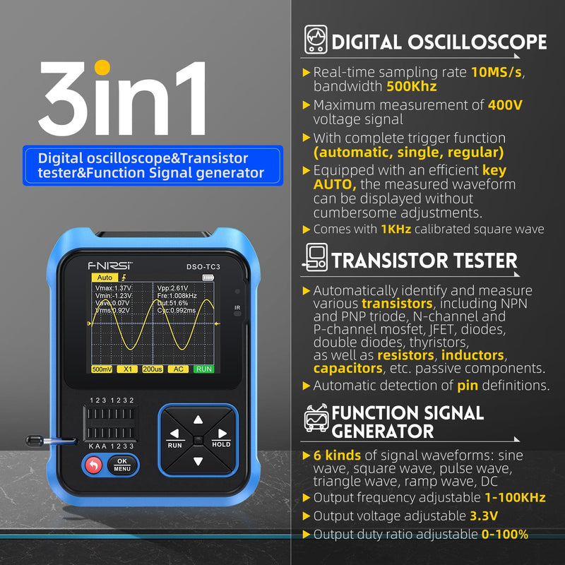 Chargez l&#39;image dans la visionneuse de la galerie, [DSO-TC3] FNIRSI Digital Oscilloscope Transistor Tester Signal Generator 3 in1 500Khz 10MSa/s Capacitor Resistor Diode 100K output
