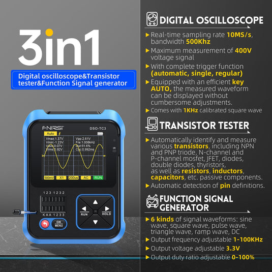 [DSO-TC3] FNIRSI Digital Oscilloscope Transistor Tester Signal Generator 3 in1 500Khz 10MSa/s Capacitor Resistor Diode 100K output