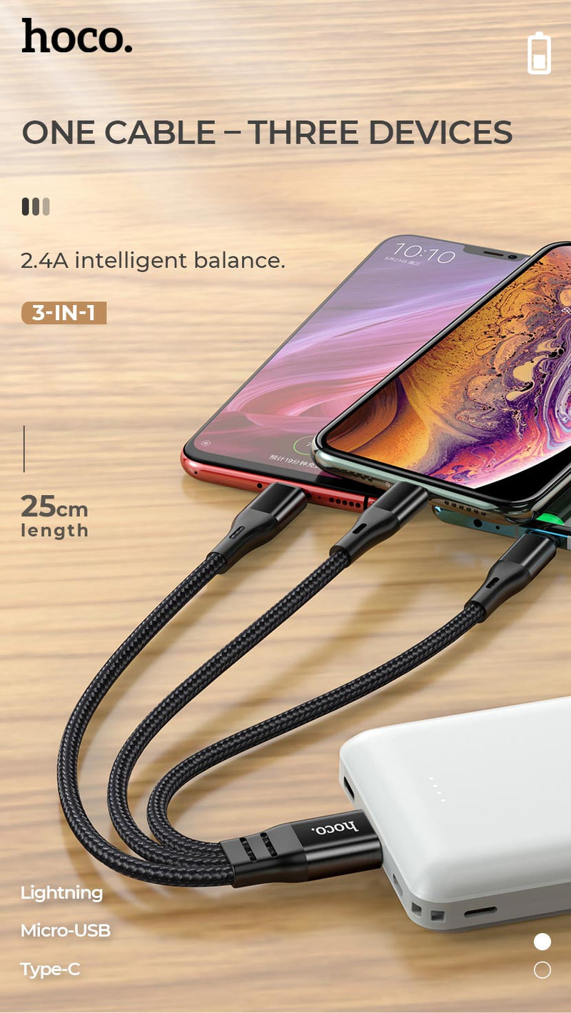 Cargue la imagen en el visor de la galería, [X47][3 in 1][25CM Short][Heavy Duty] HOCO Universal Traveling Fast Charging Data Sync USB Cable For USB-C / Lightning / Micro Phone &amp; Tablet Device - Polar Tech Australia
