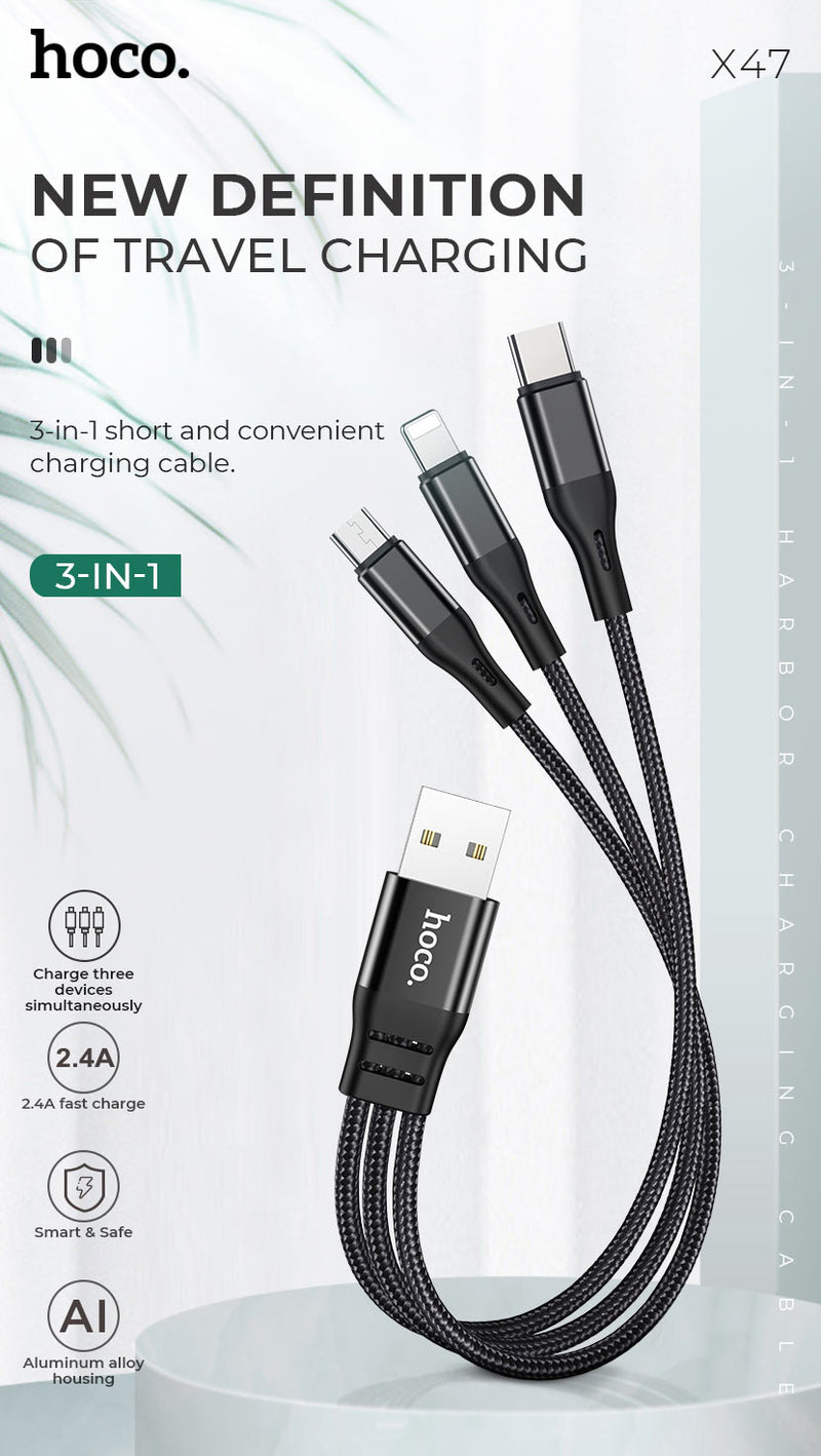 Chargez l&#39;image dans la visionneuse de la galerie, [X47][3 in 1][25CM Short][Heavy Duty] HOCO Universal Traveling Fast Charging Data Sync USB Cable For USB-C / Lightning / Micro Phone &amp; Tablet Device - Polar Tech Australia
