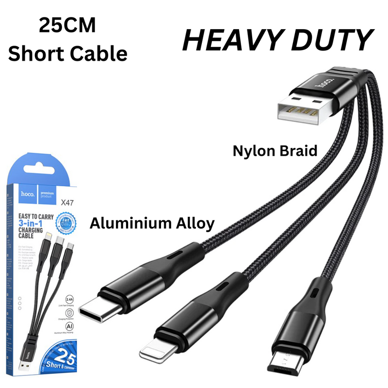 Load image into Gallery viewer, [X47][3 in 1][25CM Short][Heavy Duty] HOCO Universal Traveling Fast Charging Data Sync USB Cable For USB-C / Lightning / Micro Phone &amp; Tablet Device - Polar Tech Australia
