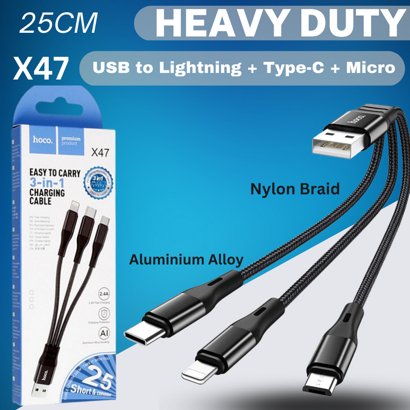 Load image into Gallery viewer, [X47][3 in 1][25CM Short][Heavy Duty] HOCO Universal Traveling Fast Charging Data Sync USB Cable For USB-C / Lightning / Micro Phone &amp; Tablet Device - Polar Tech Australia
