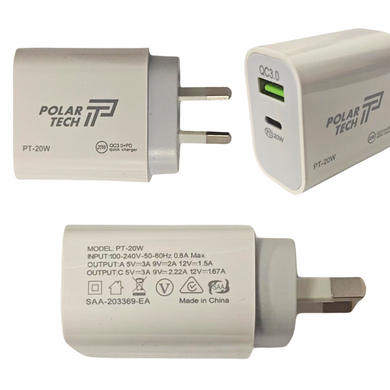 20W PD Type-C + QC 3.0 USB Dual Port Wall Travelling Charger Adapter -  (SAA Approved/AU Plug) - Polar Tech Australia