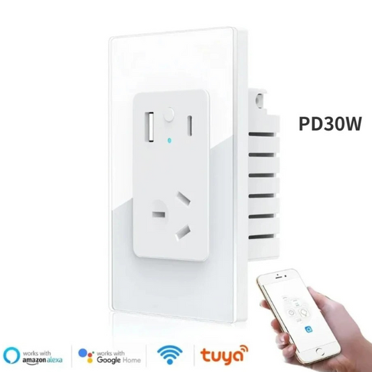 [TUYA Smart Home] TUYA WiFi Smart 10A Wall Power Socket Outlet Glass Panel 1 Plug With 1 x USB & 1 x PD 30W Port - Polar Tech Australia