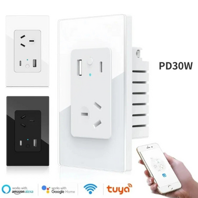 [TUYA Smart Home] TUYA WiFi Smart 10A Wall Power Socket Outlet Glass Panel 1 Plug With 1 x USB & 1 x PD 30W Port - Polar Tech Australia