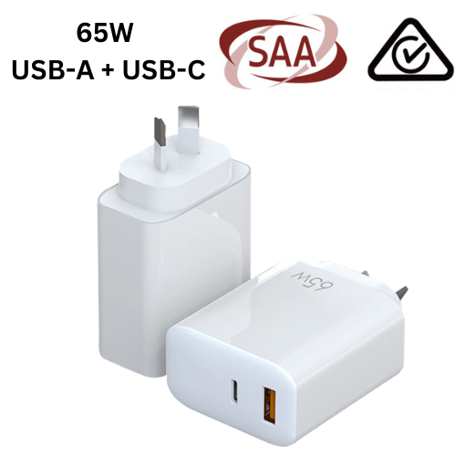 Cargue la imagen en el visor de la galería, 65W Max PD Type-C +QC 3.0 USB Dual Port iPhone 16 Wall Travelling Charger Adapter - (SAA Approved/AU Plug)
